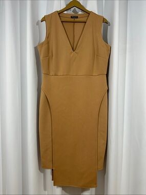 Pink Clove Dress Size 16 Camel Bodycon Midi Dress Deep V Neck